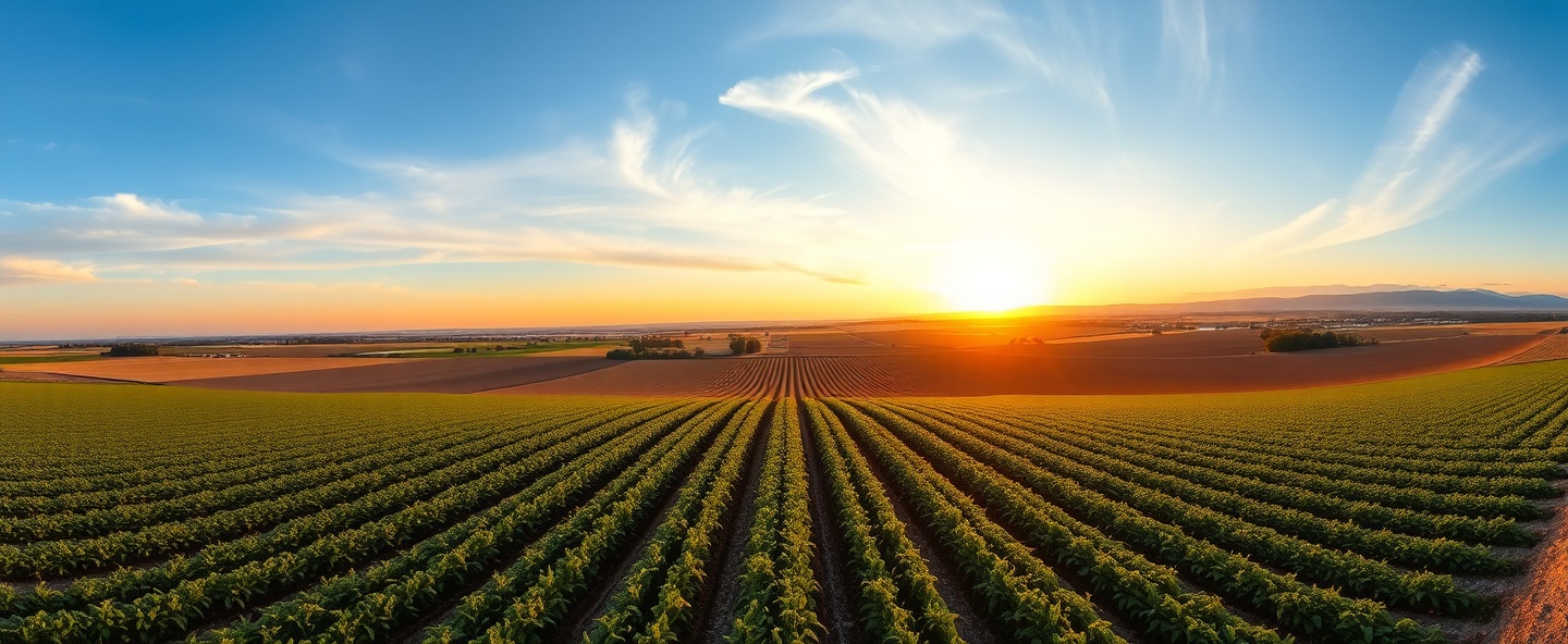 Beautiful farmland at golden hour with crops and open sky