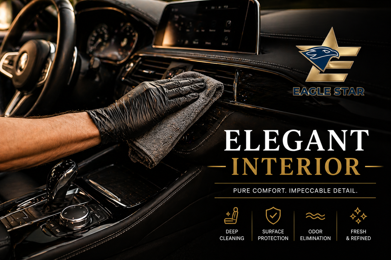 Pristine vehicle interior restoration with clean leather seats and dashboard