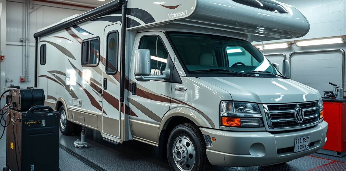 Professional mobile ceramic coating installer applying System X coating to RV with expert technique