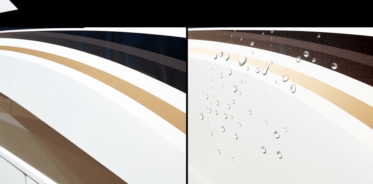 Side-by-side comparison of RV with ceramic coating versus wax showing superior gloss and water beading