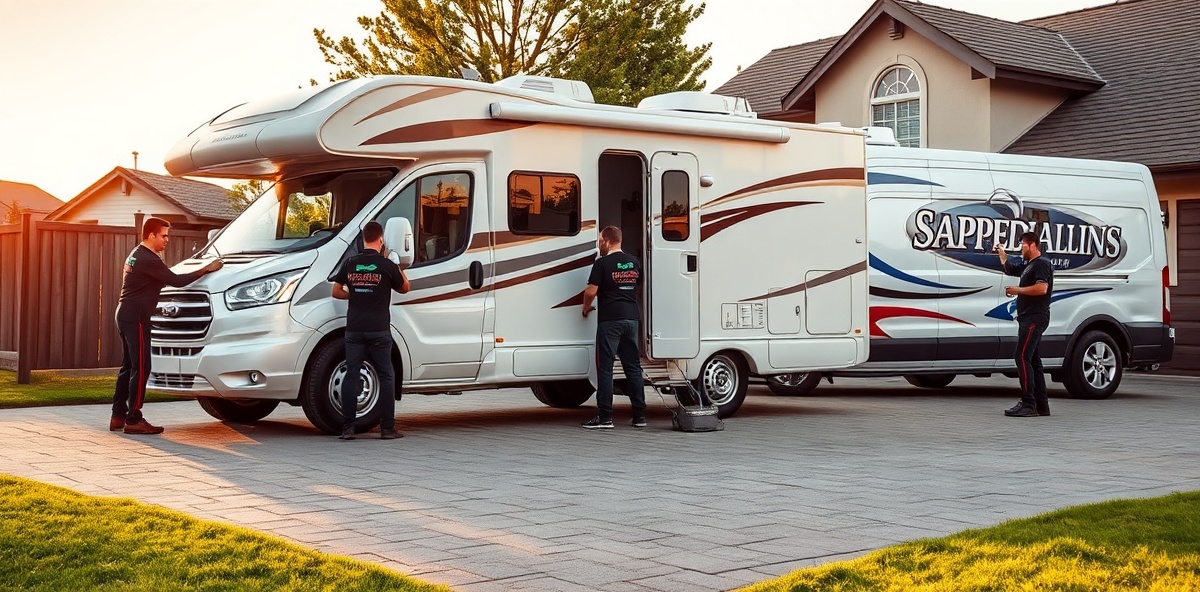 Professional mobile detailing crew at home in Meridian detailing RV at residential location