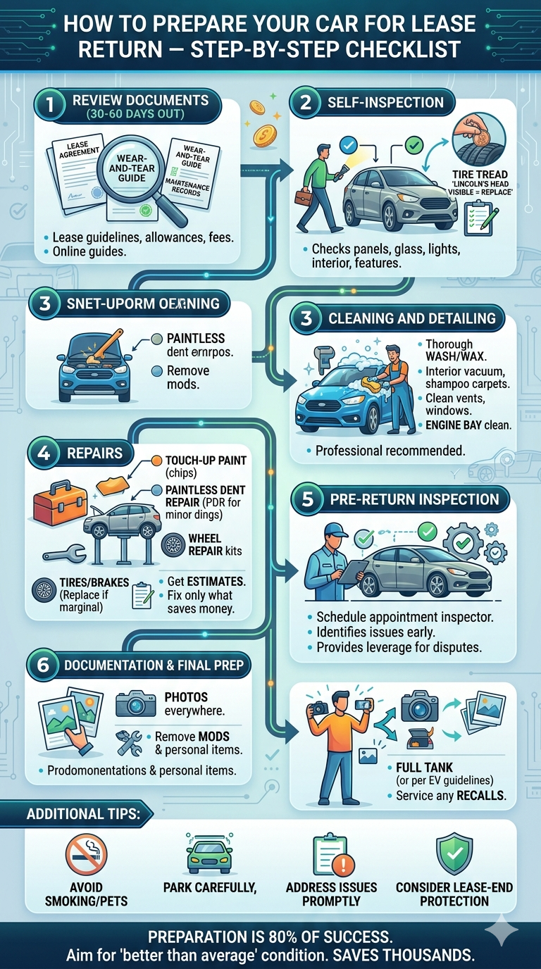 Lease return preparation infographic showing 6 steps: review documents, self-inspection, cleaning and detailing, repairs, pre-return inspection, and documentation