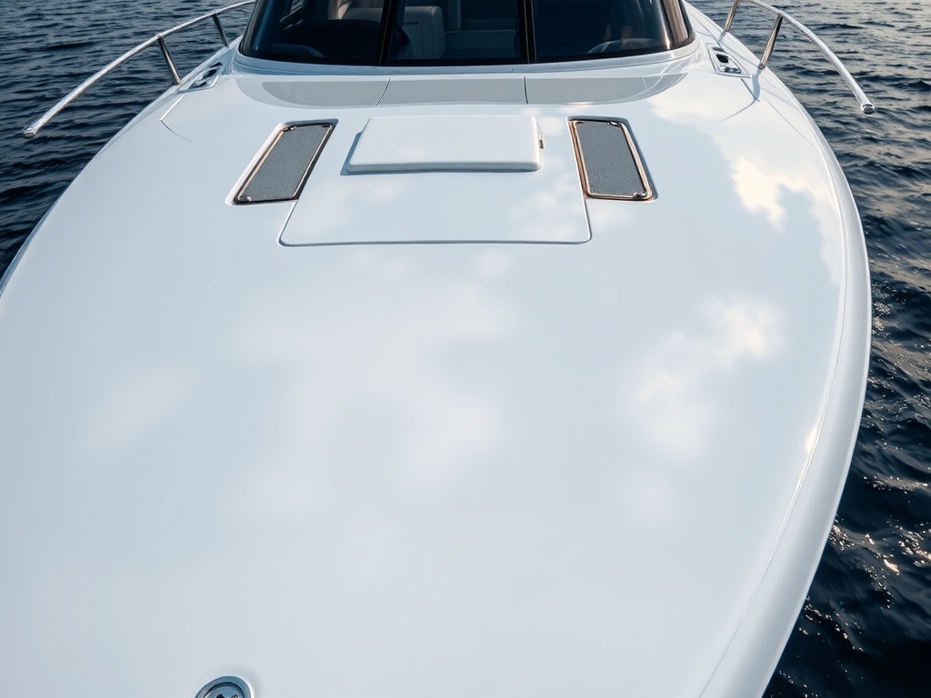 Luxury yacht with professional ceramic coating applied showing mirror-like gel coat finish