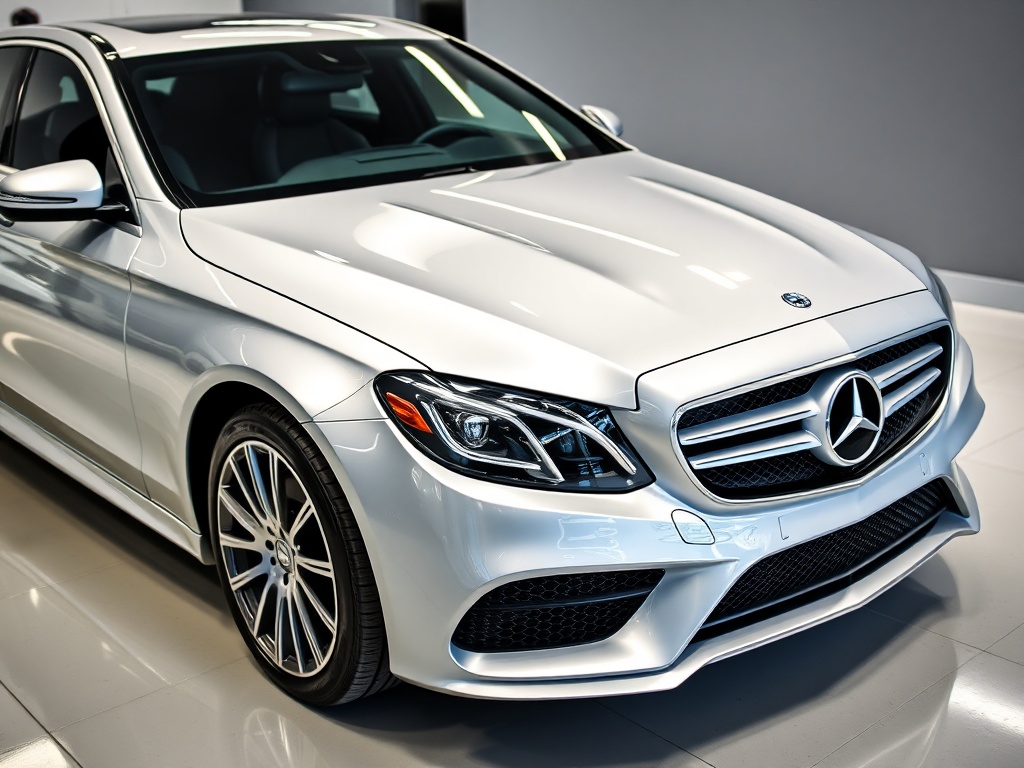 Silver Mercedes-Benz luxury sedan with professional ceramic coating and detailing showing ultra-glossy finish