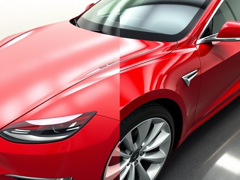 Red or white Tesla electric vehicle with professional ceramic coating showing mirror-glossy paint finish