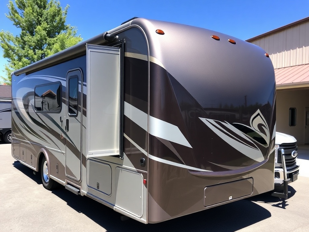 Premium RV with professional ceramic coating applied showing ultra-glossy finish and water beading