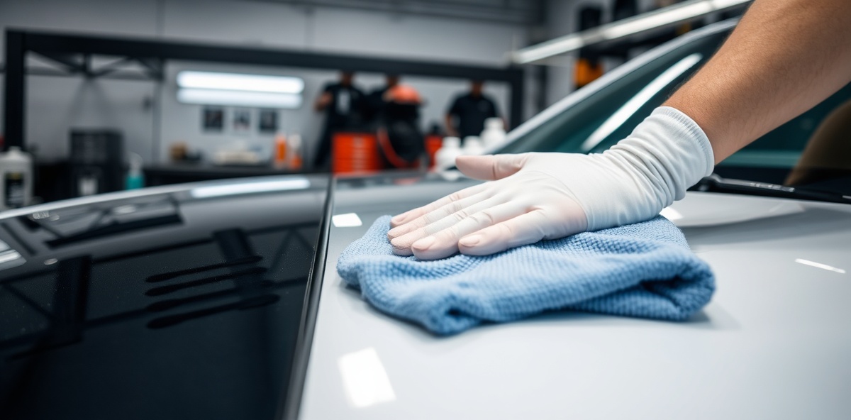 Professional auto detailing service with luxury car being detailed