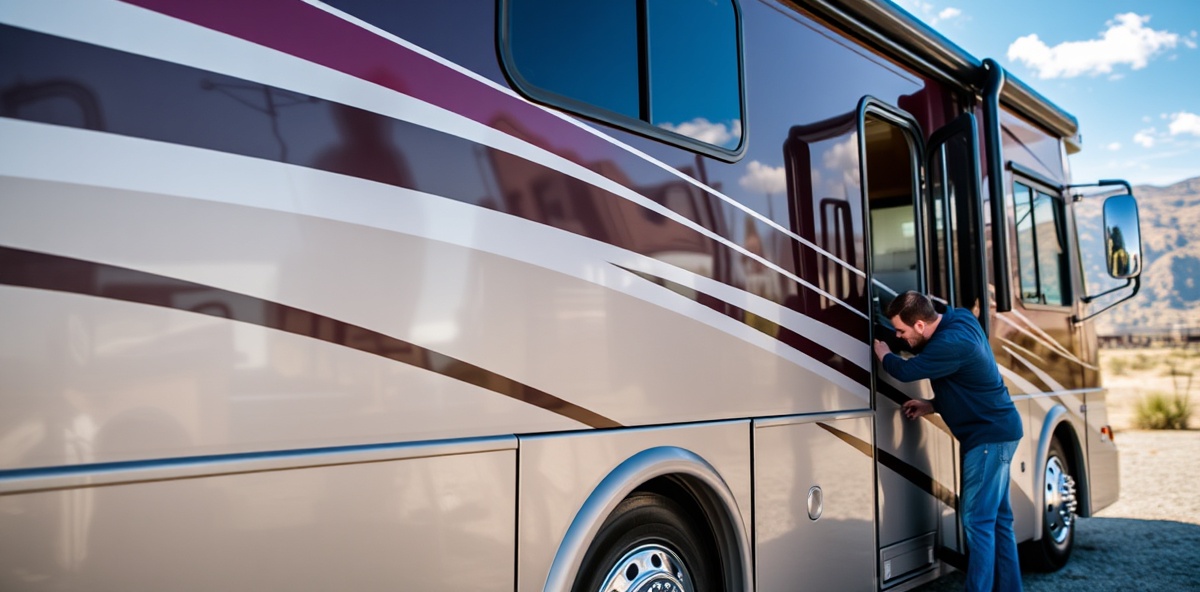Professional RV motorhome detailing with shiny exterior finish
