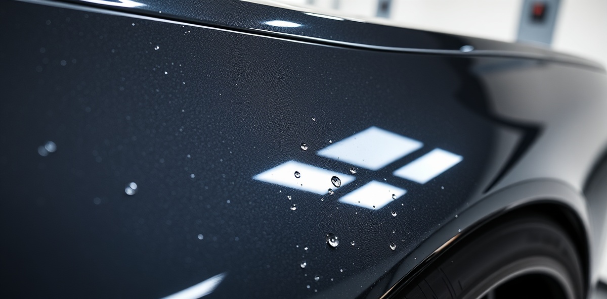 Professional ceramic coating application showing ultra-glossy paint finish with water beading