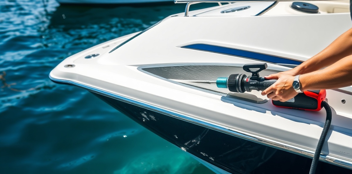 Professional boat detailing service with luxury speedboat in marina