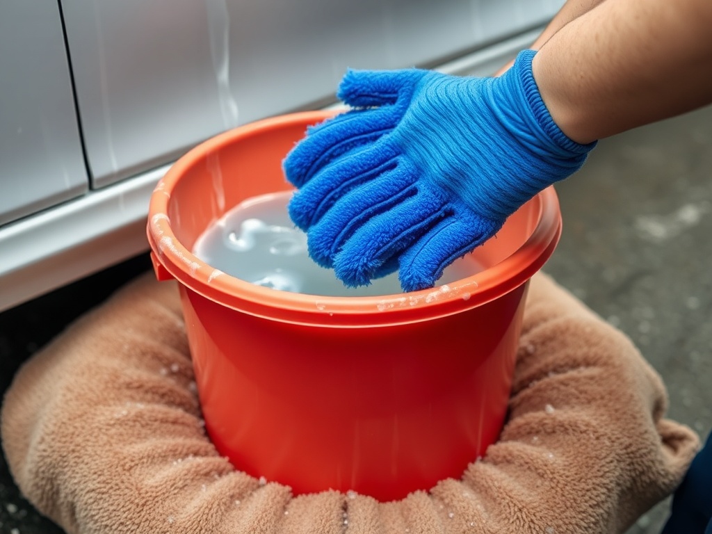 Two bucket method for car washing with microfiber mitt