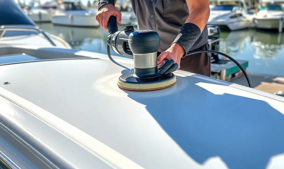Technician performing boat hull polishing and oxidation removal with dual-action polisher on fiberglass gelcoat