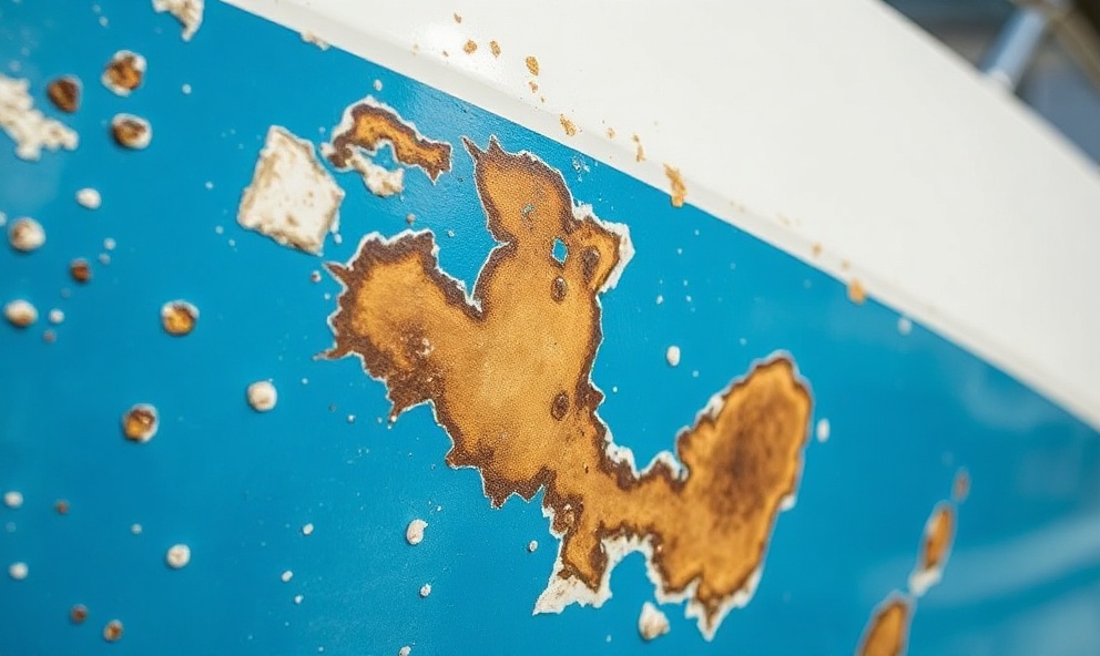 Close-up of oxidized boat hull surface showing mineral deposits, UV fading, and chalky oxidation damage