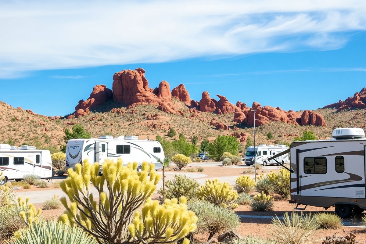 Desert RV campground near Boise with red rock formations and amenities