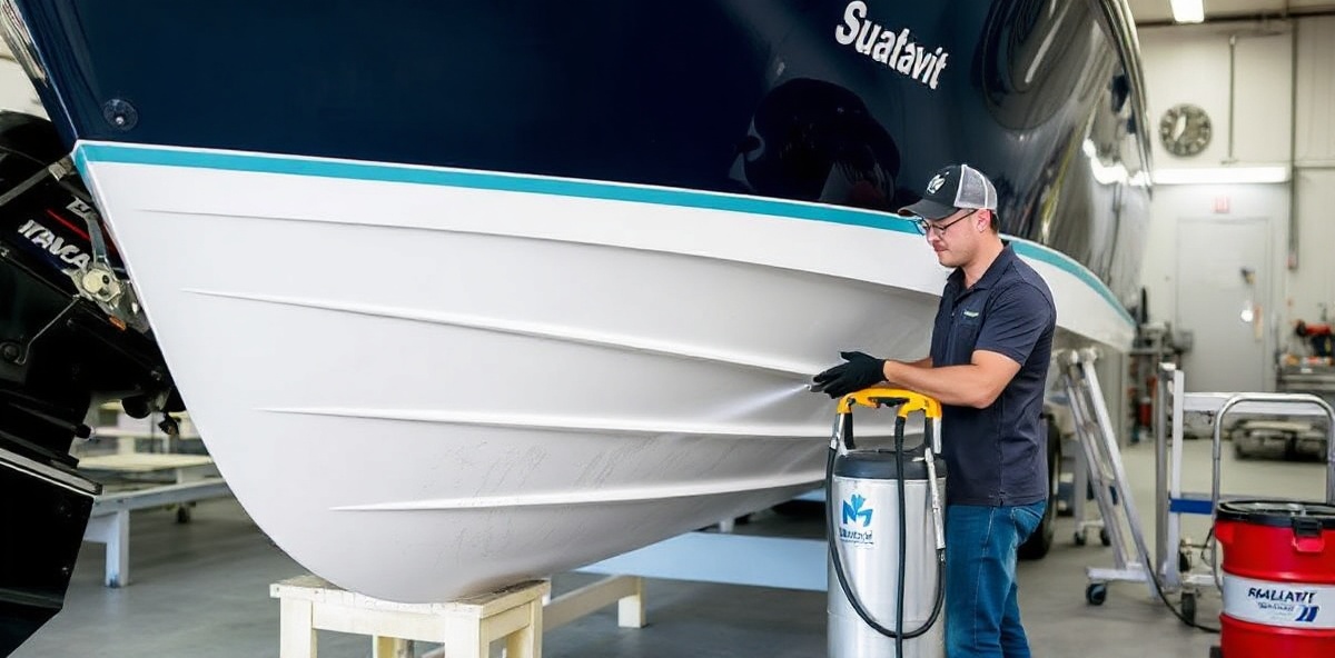 Professional boat detailing in progress with technician working on boat hull exterior