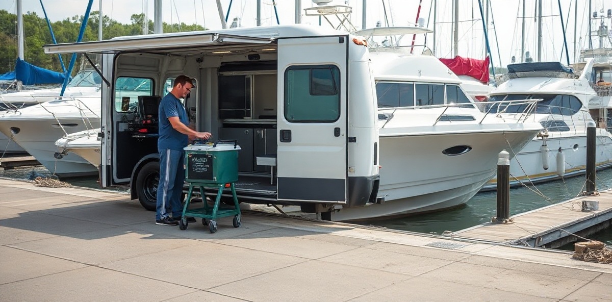 Mobile boat detailing setup at marina with professional service van and technician working on boat