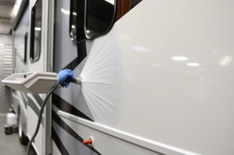 Professional ceramic coating application process on RV along Eagle Road