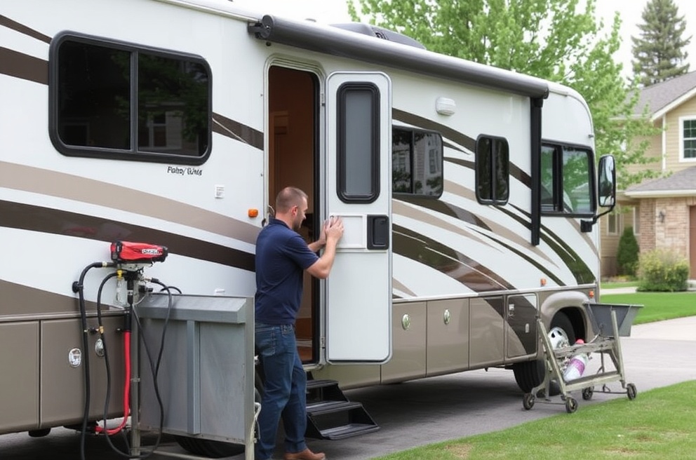 Professional mobile RV detailing service setup near State Street Eagle