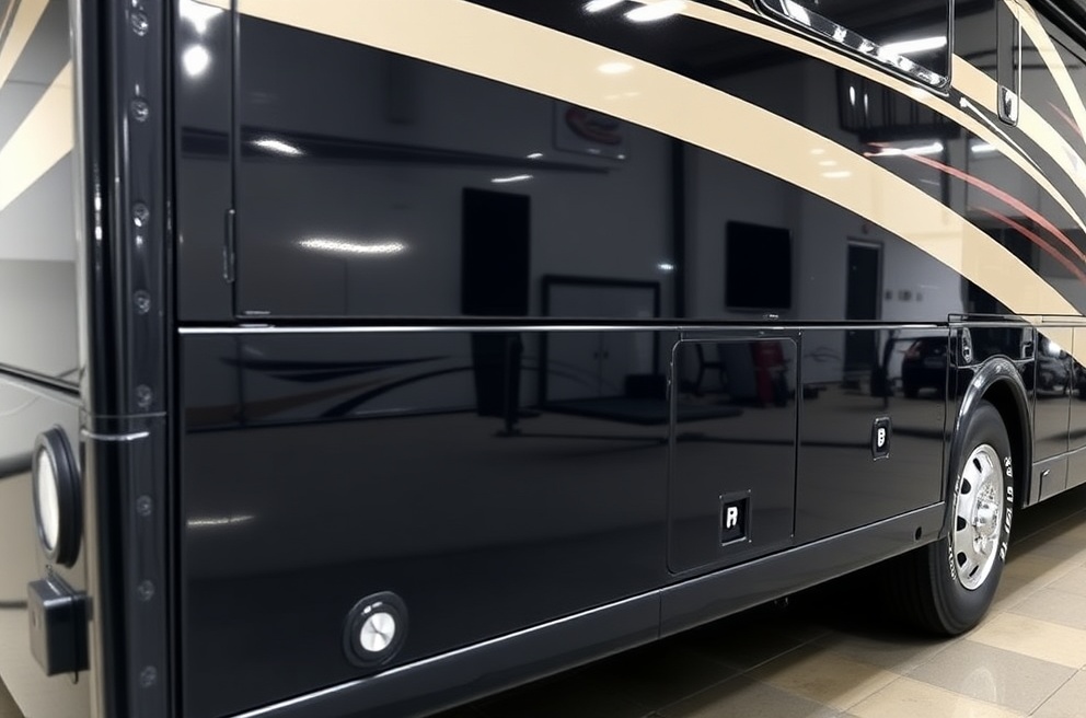 Premium ceramic coating finish on RV near State Street showing water beading