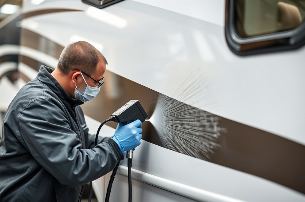 Professional ceramic coating application on RV near Highway 16 Eagle