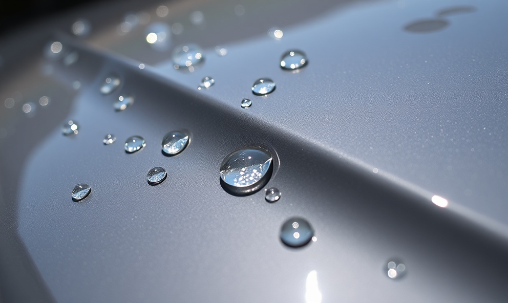 Close-up of glossy ceramic coated surface with water beading
