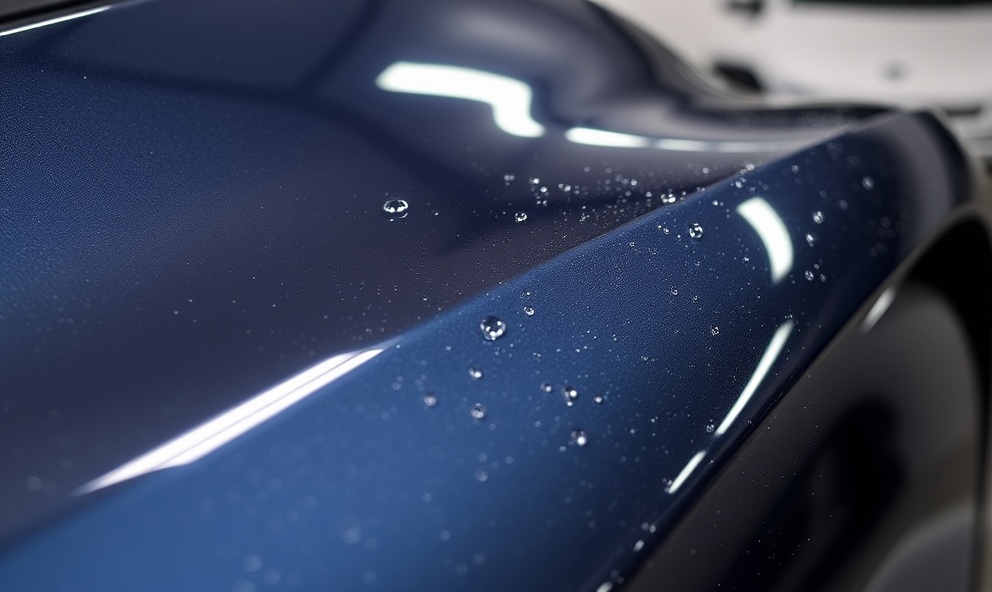 Close-up of ceramic coating application showing water beading and glossy finish