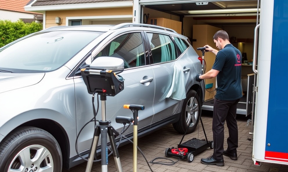 Professional mobile detailing technician working on vehicle with professional equipment