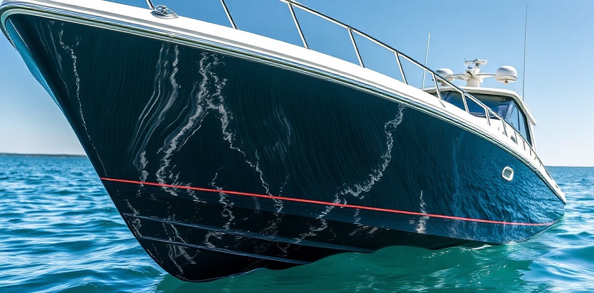 Luxury boat with glossy ceramic coated hull reflecting bright sunlight on pristine water