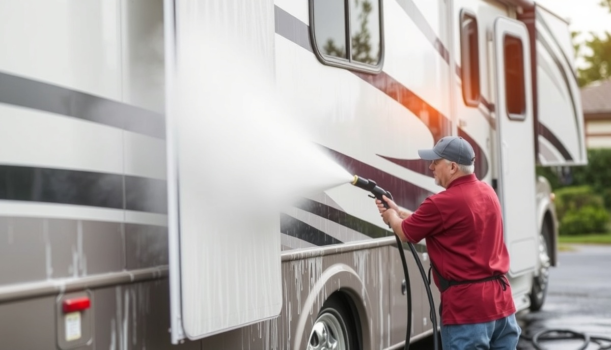 Professional RV wash service with pressurized equipment