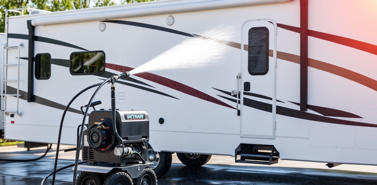 Mobile RV wash equipment washing large white RV trailer with professional service setup