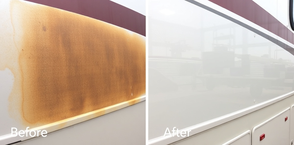 RV oxidation removal showing dramatic before and after transformation from dull to glossy