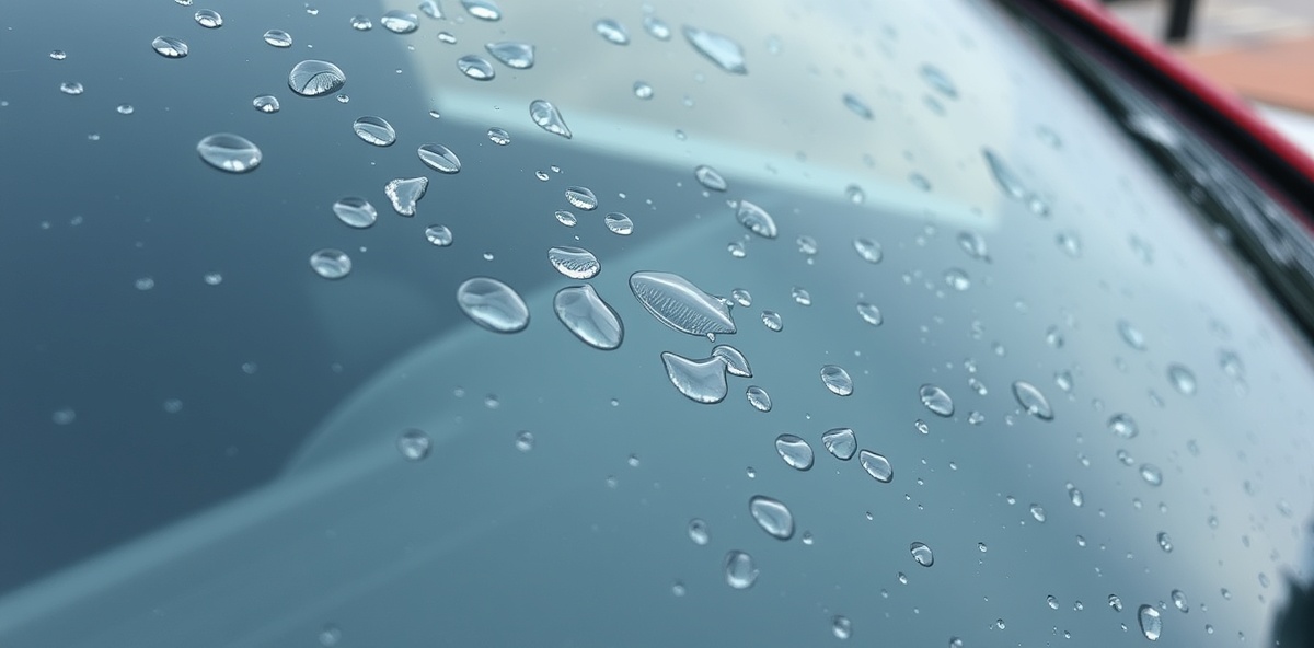 Car windshield with hydrophobic coating showing perfect water beading and droplets rolling off