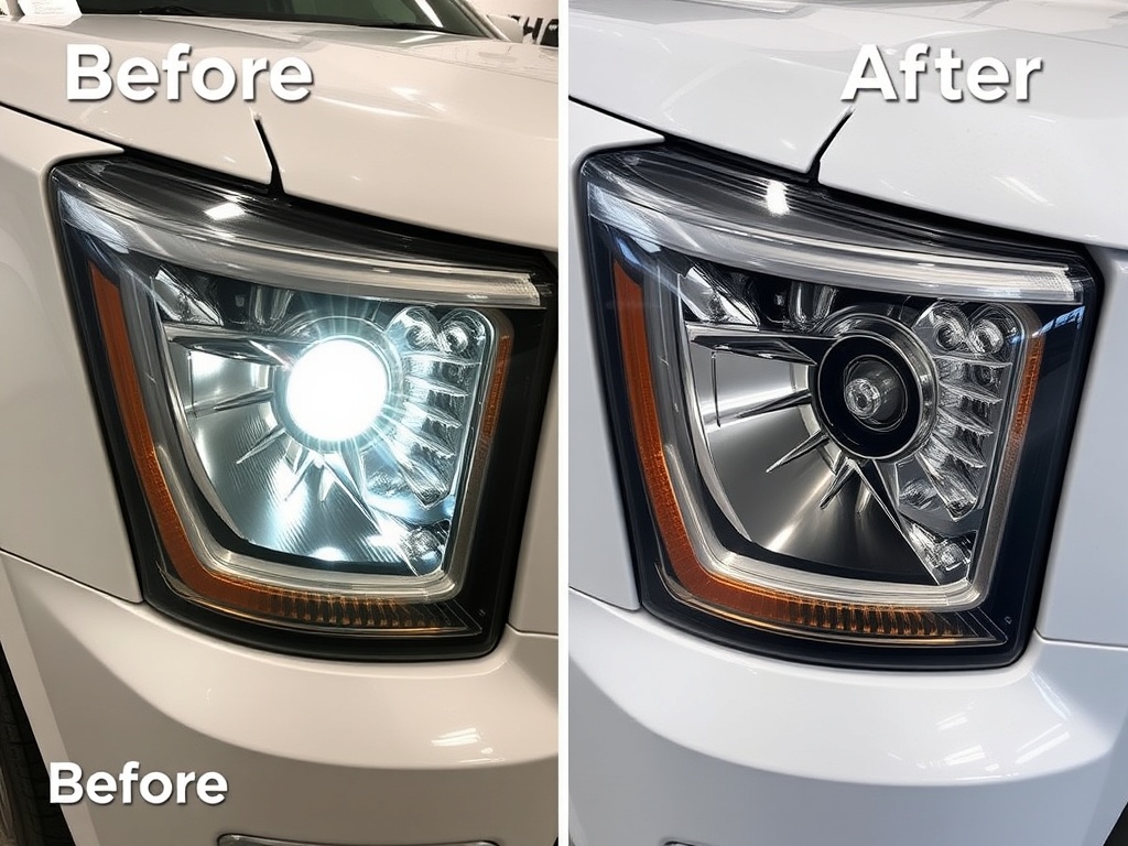 Professional headlight restoration service before and after