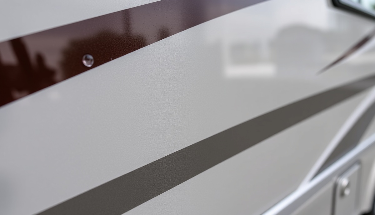 Close-up of RV ceramic coating showing hydrophobic water beading and mirror-polish finish