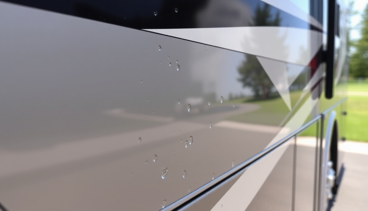 Close-up detail of professional RV ceramic coating showing water beading and gloss near Eagle Hills Golf Course