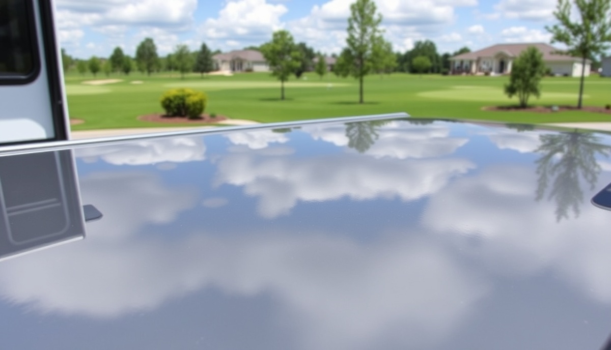 Premium ceramic-coated RV at Island Woods Eagle neighborhood showing mirror-quality finish