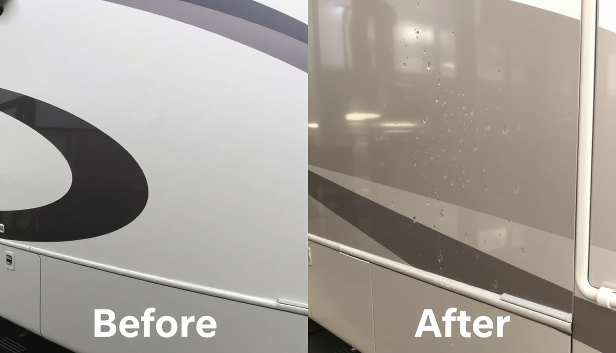 RV ceramic coating transformation near Two Rivers Eagle showing professional results
