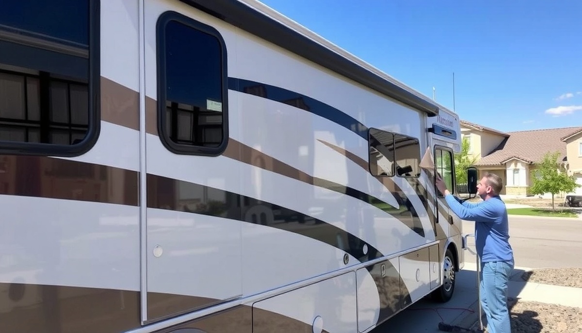 Professional ceramic coating application on luxury RV in Riverstone Eagle