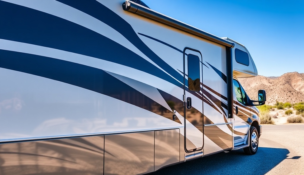 Luxury motorhome with pristine ceramic-coated finish in Treasure Valley desert sunlight