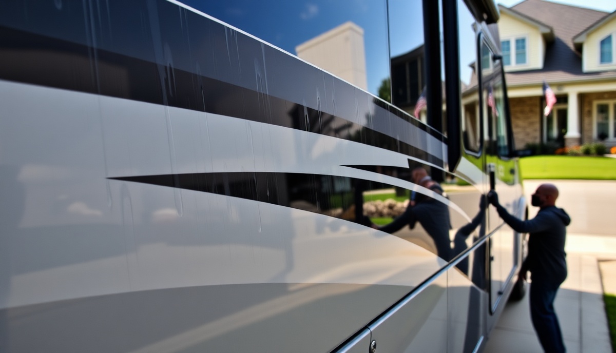 Professional RV detailing service in Riverstone Eagle showing pristine ceramic-coated RV in upscale neighborhood