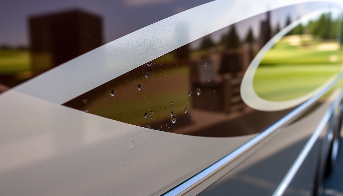 Close-up detail of RV ceramic coating showing water beading and mirror-like finish near Eagle Hills Golf Course