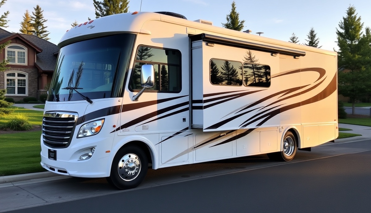 Luxury RV with ceramic coating in Legacy Eagle Idaho, surrounded by mature trees and elegant homes