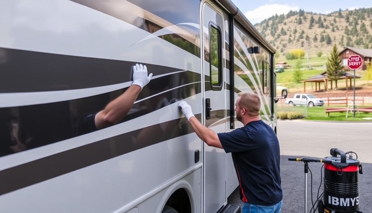 Professional RV ceramic coating application in Corrente Bello Eagle community with modern detailing equipment