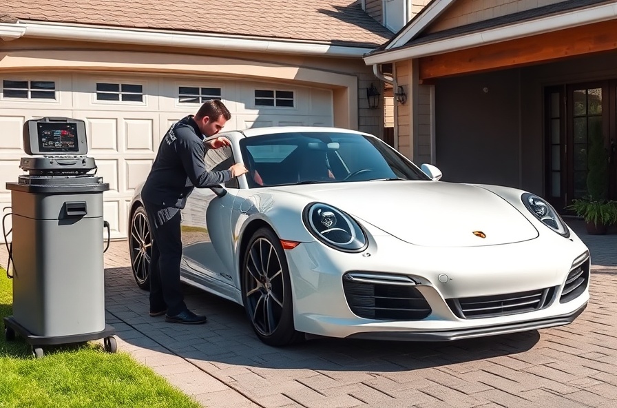 Professional mobile detailing team applying ceramic coating to luxury Porsche