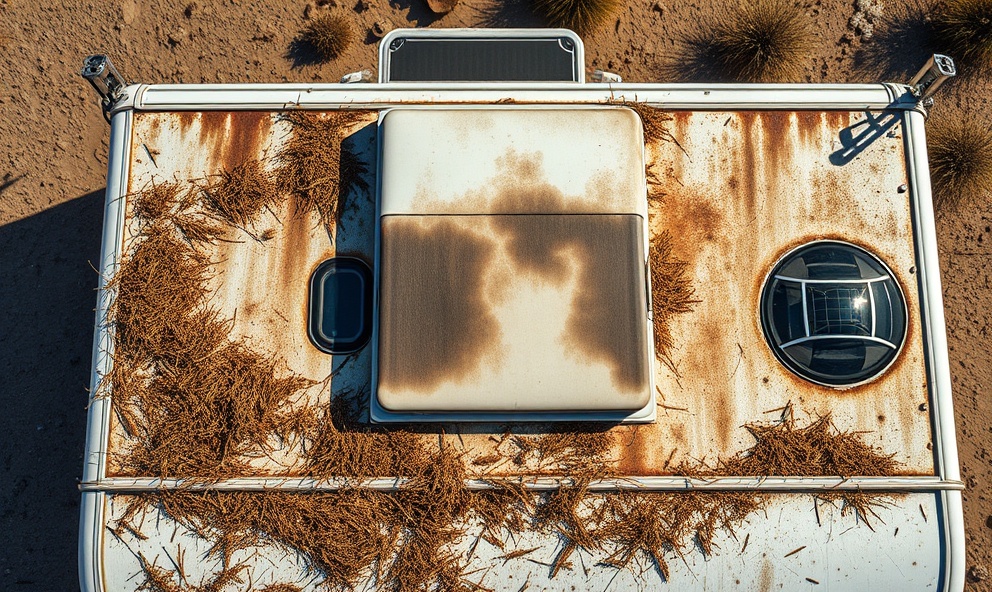 Aerial view of camper roof showing oxidation stains, road debris, and roof seal details requiring professional cleaning and maintenance