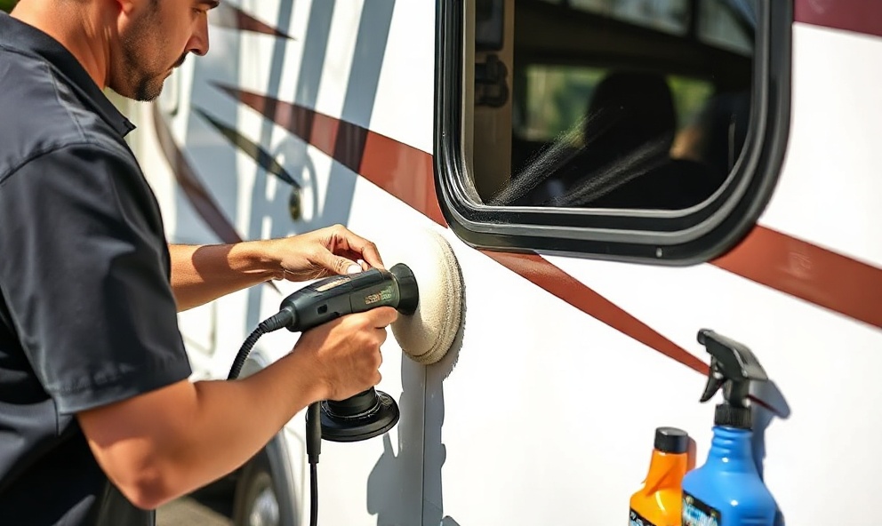 Professional technician performing paint correction and oxidation removal on camper exterior using dual-action polisher