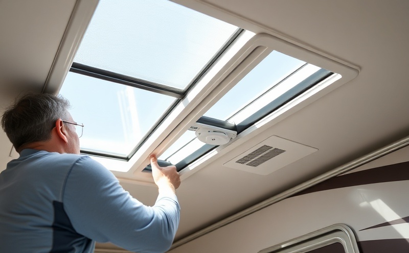 Professional RV roof inspection showing sealant lines, vents, and skylight areas being inspected for damage