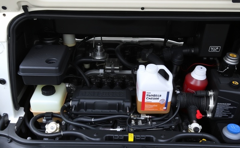 Professional photo of RV engine compartment with fluid checks being performed, clear view of reservoirs