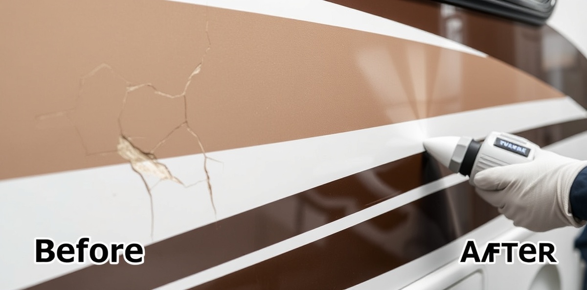 Professional Thor RV cracked decal removal and repair