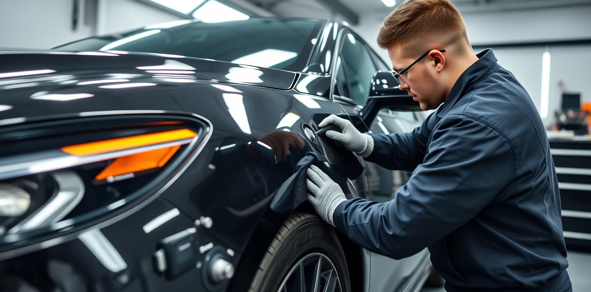 Professional ceramic coating installer demonstrating expert application technique